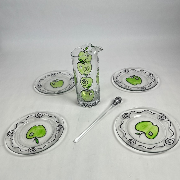 Vintage Hand Painted Apples Set of 5 Juice Pitcher & Stirer w/4 Matching Plates - Picture 1 of 11